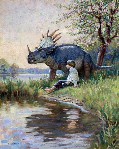Малыш и трицератопс. Картина маслом, XX век.
