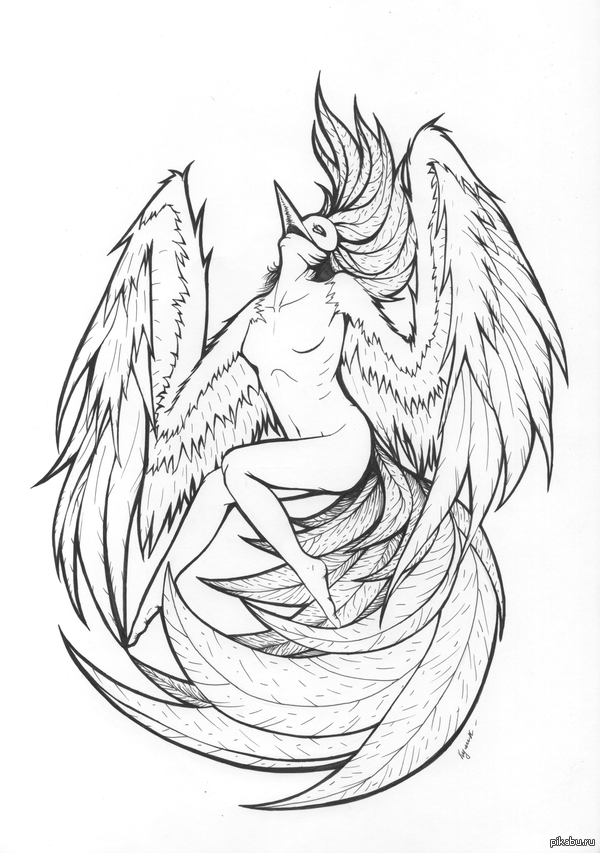 Bird - NSFW, My, Female, Birds, Drawing, Pen drawing, Fantasy, Women