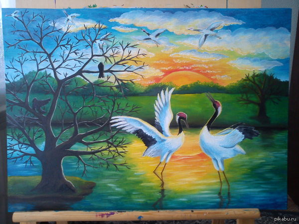 Cranes at sunset - My, Oil painting, Cranes, Sunset