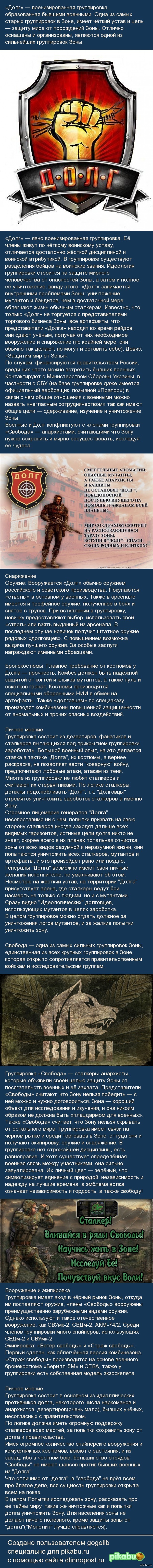 Описание крупных группировок зоны "Долг" и "Свобода"