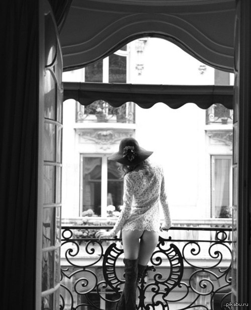 On the balcony - NSFW, Booty, Hips, Black and white, Beautiful girl, Hat, Stockings