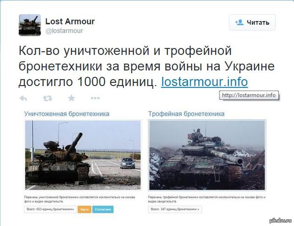 Кол-во уничтоженной и трофейной бронетехники за время войны на Украине достигло 1000 единиц