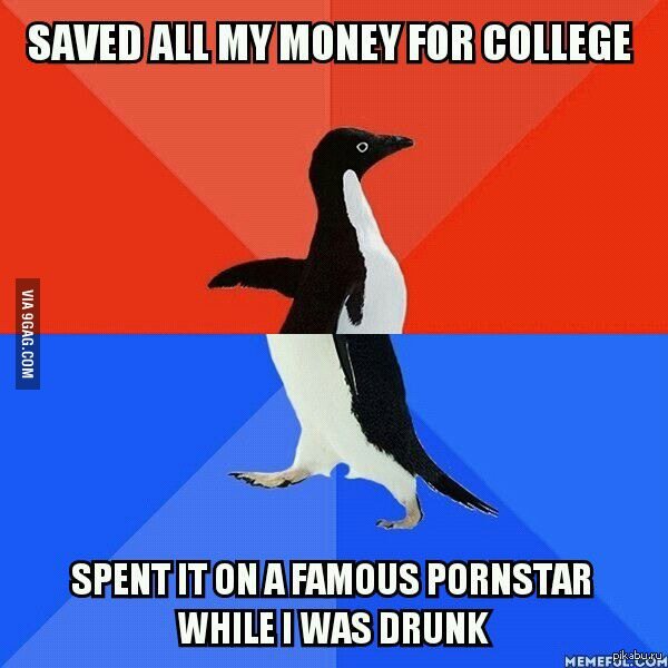 Saved all my money for college, spent it on a famous p0r0star when I was drunk - Money, Alcohol, Students, 9GAG