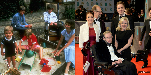 Stephen Hawking with his family in the early 1980s and February 2015. - Family, Stephen Hawking