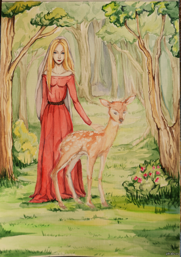 Girl and deer - 1page1day, Forest, Fawn, Girls, Watercolor, Drawing, My