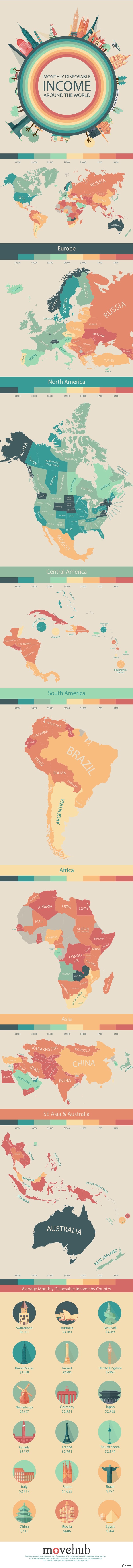 Средний доход (после уплаты налогов) по странам мира. В России -- примерно как в Африке. Инфографика исследовательской компании Movehub. Источник -- ЦП.