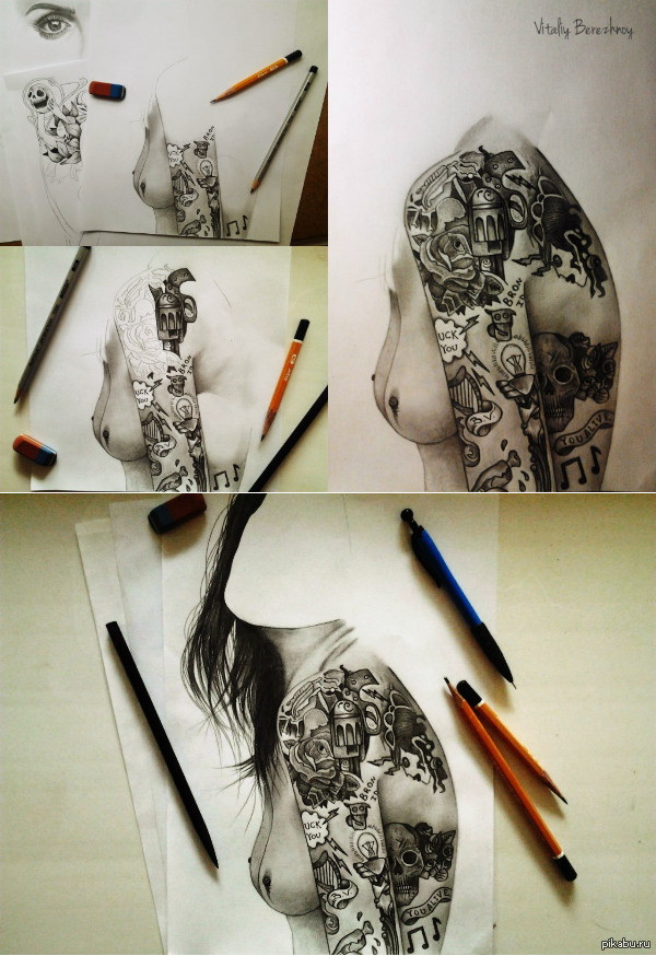 Girl with tattoos. In the process.. - NSFW, My, Drawing, Process, Pencil drawing, Portrait, 