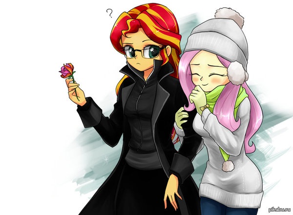 Winter - My Little Pony, Sunset Shimmer, Fluttershy, Хуманизация, Шиппинг, Арт