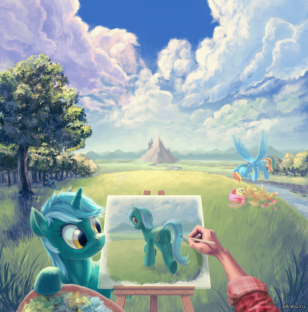 Painter in Equestria - My little pony, PonyArt, Lyra heartstrings, Rainbow dash, Fluttershy, Hunternif