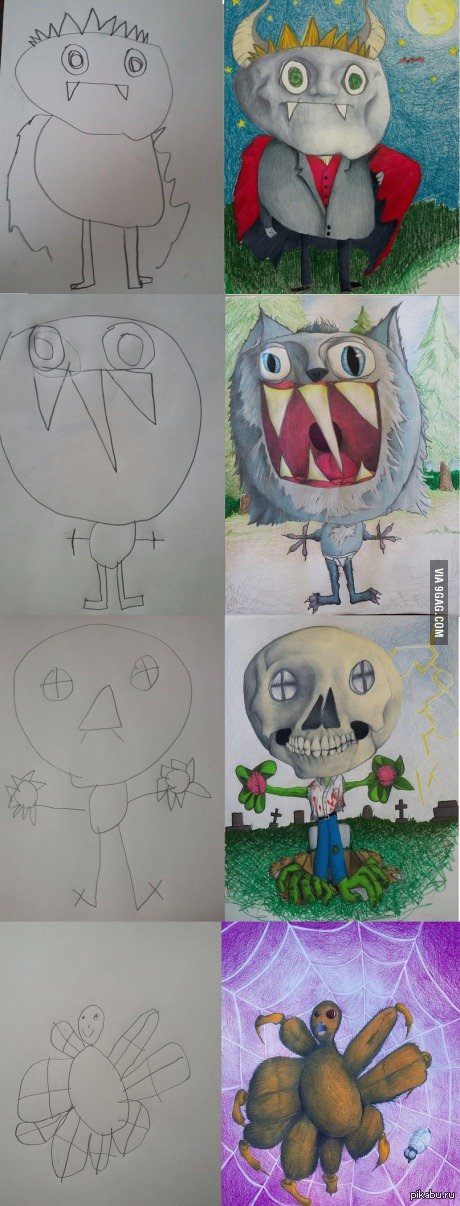 Сын начинает рисовать, отец заканчивает