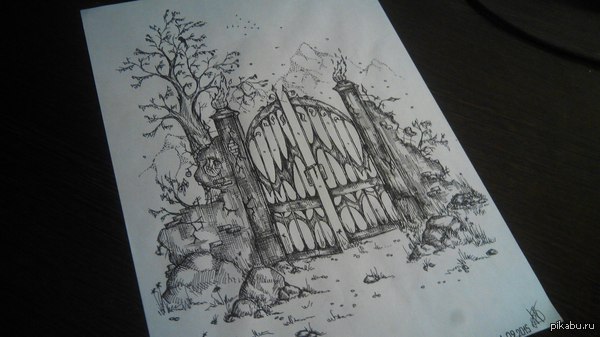 Gates of autumn - My, Drawing, Pen drawing, Tree, Gates, Ruins, The mountains, My
