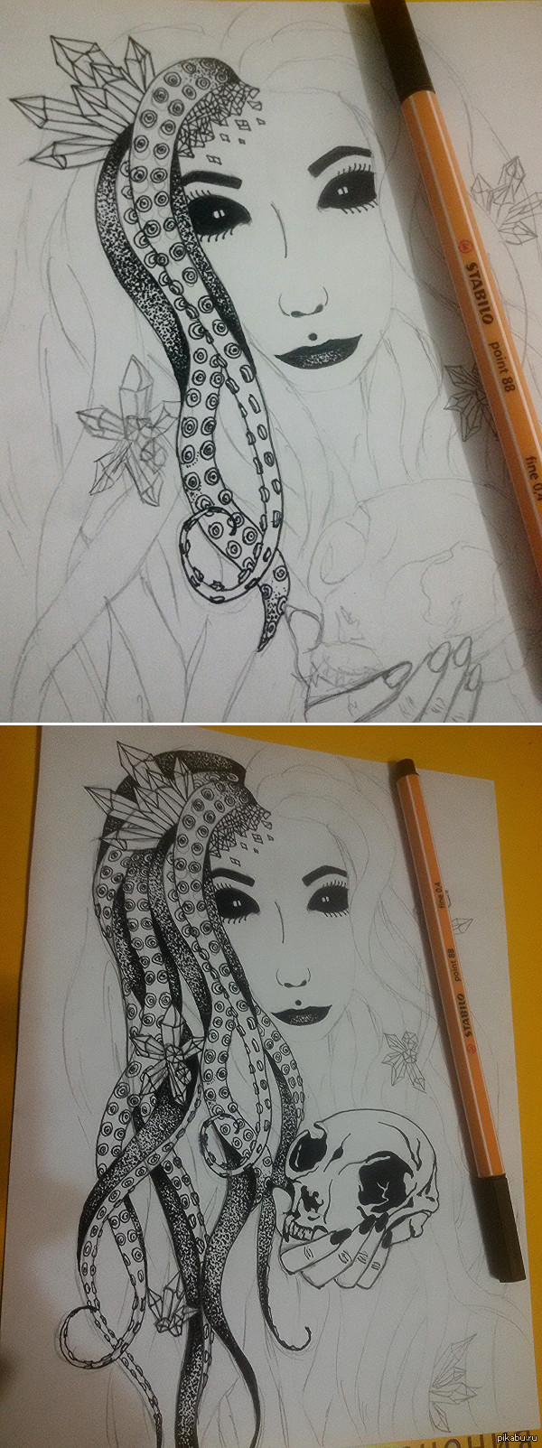 Drawings... In progress. - My, Drawing, Girls, Scull, Tentacles, Unusual