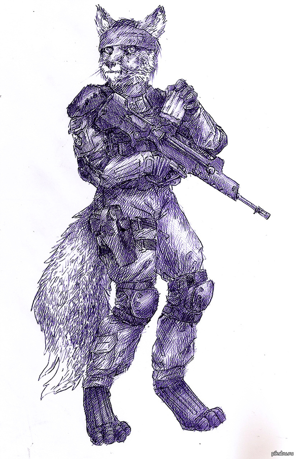 Chanterelle - My, Furry, Drawing, Ball pen, Military