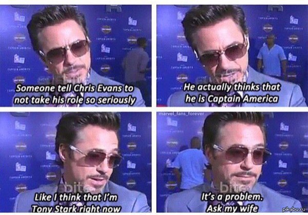 Someone tell Chris Evans to stop taking his role so seriously. - Tony Stark, Captain America, Robert Downey the Younger, Chris Evans, Interview, Translation, Robert Downey Jr.