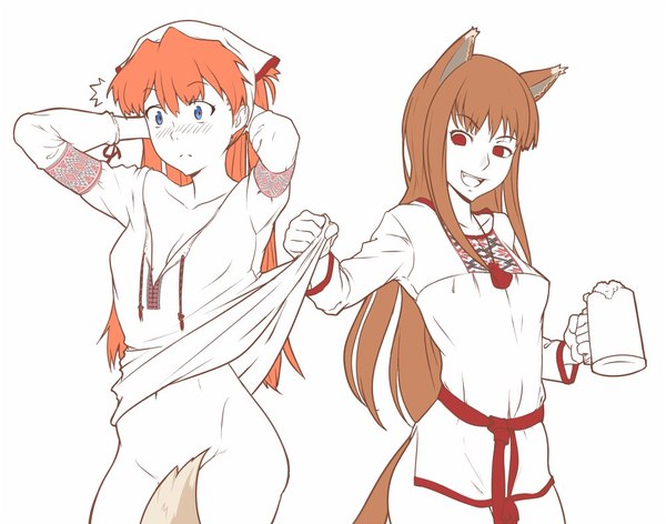 Asuka and Horo/Holo - NSFW, Anime, Art, Anime art, Spice and Wolf, Evangelion, Crossover