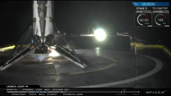 SpaceX successfully landed the 1st stage of the Falcon 9 launch vehicle for the third time. Heavy satellite, little fuel, on a barge. - Spacex, Video, Barge, Reusable, Landing, Booster Rocket, Falcon 9