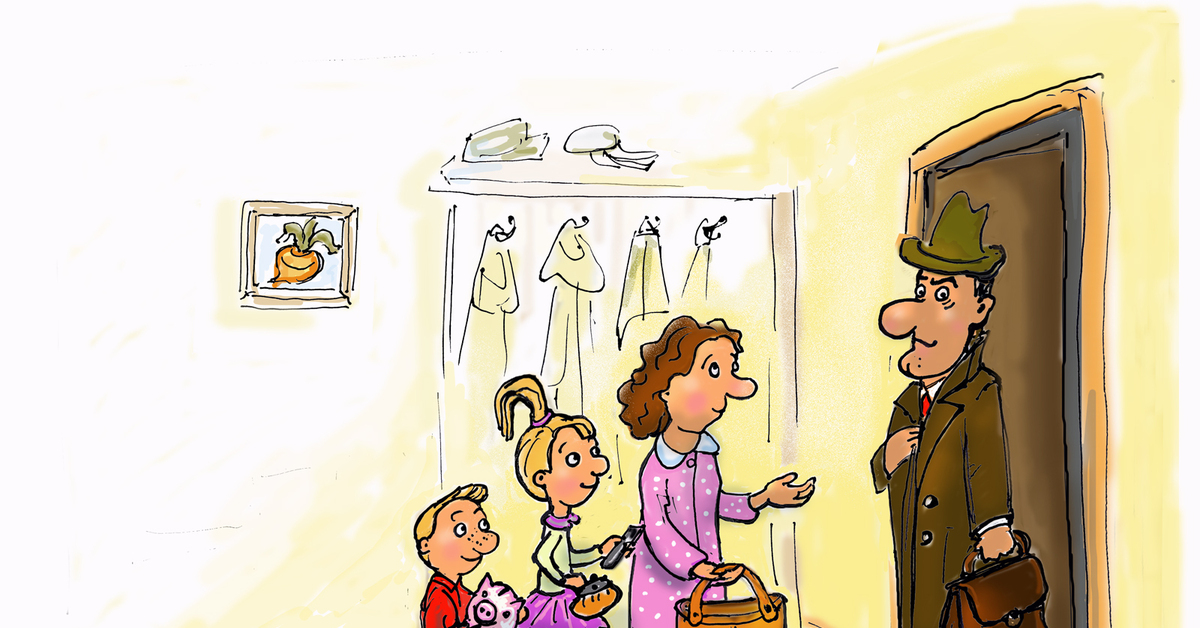 Муж принес ребенка. Приходить иллюстрация. Карикатура муж в семье. Юмористические картинки для детей. Папа пришел.