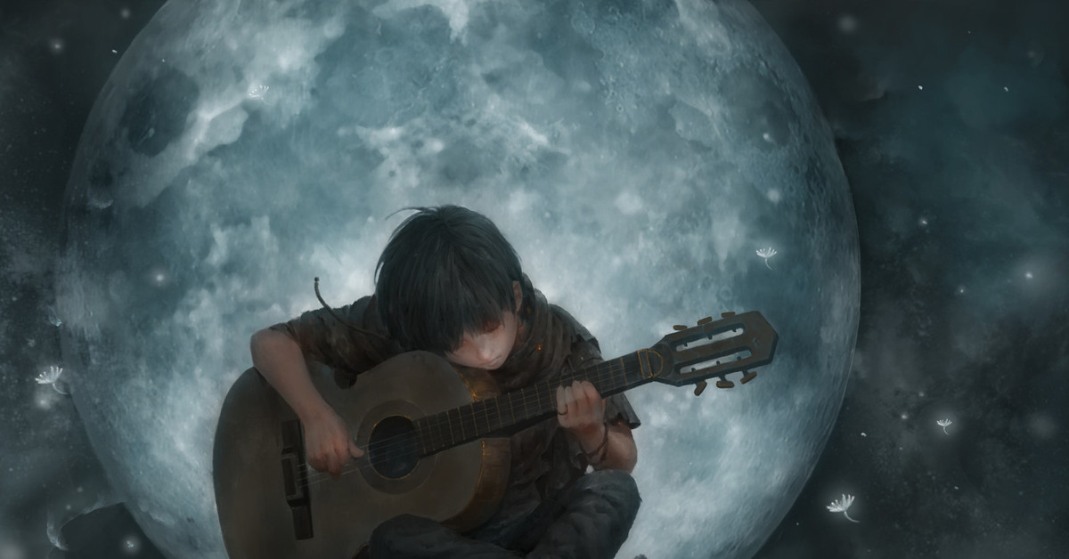 Песни ночь в июле. Гитарист на Луне. Луна гитара арт. Гитара фэнтези арт. 2d гитарист.