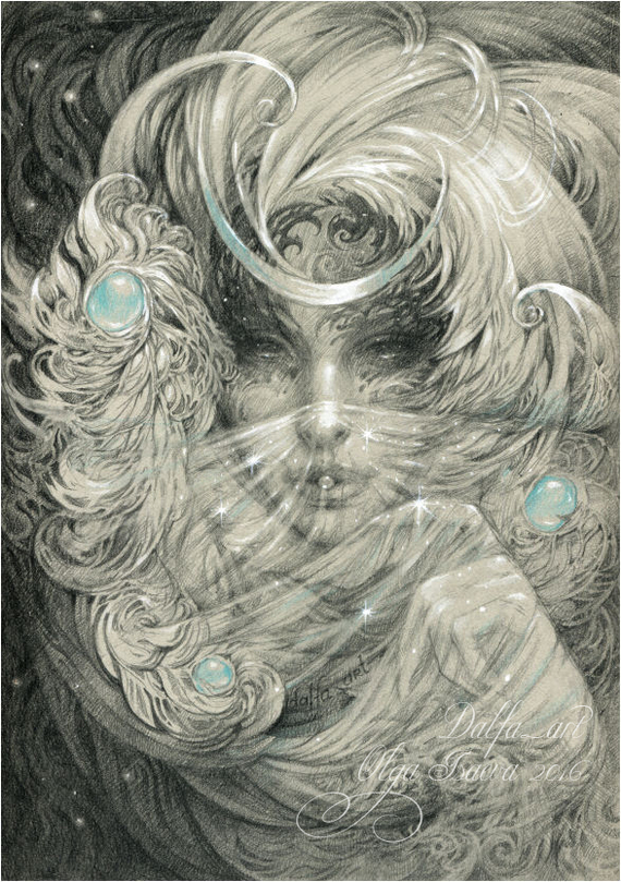 "Лунный жемчуг", карандаш, лакировка белой гуашью, цветной карандаш, А4.