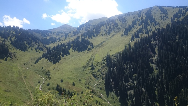 Вид на ущелье Ким-Асар и пик Фурмановка (левее центра в далеке) с сегодняшнего похода в горы
