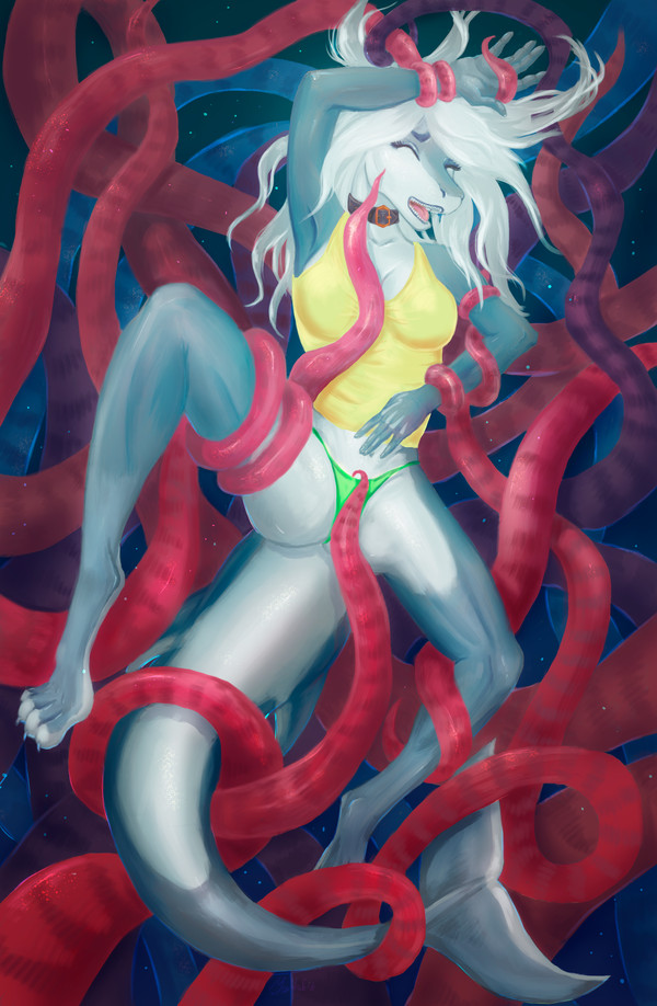 Tangled up in tentacles - NSFW, My, Furotica, Drawing, Furry, Anthro, Tentacles