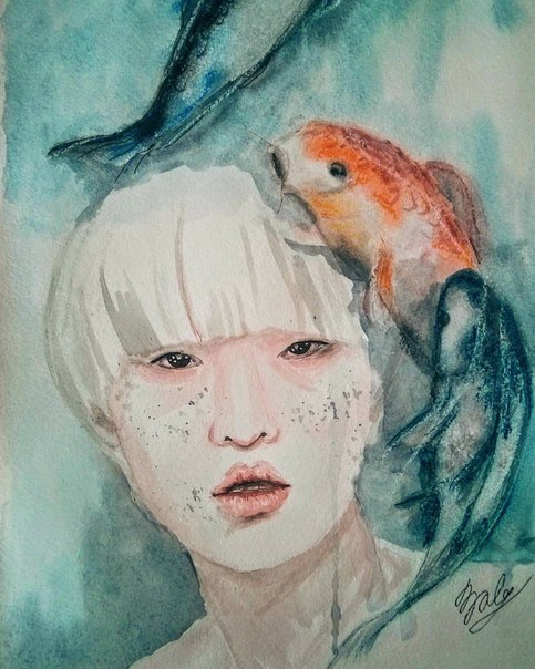 Portrait of Japanese woman with koi carps - Japanese, Watercolor, My, Koi carps