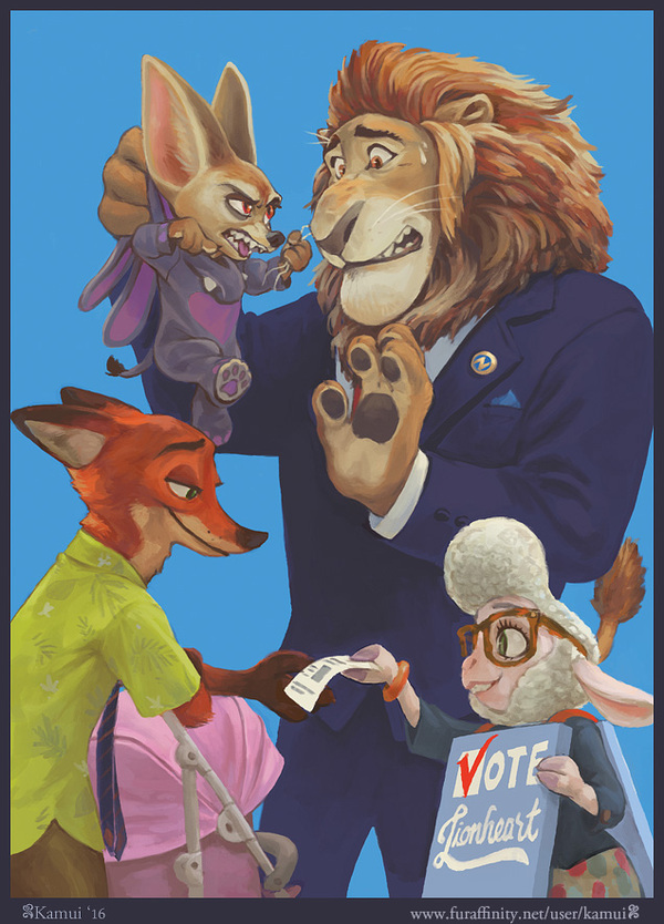 A world of paign. Mayor Lionheart, , Nick Wilde, Finnick the Fennec, Bellwether, Zootopia, 