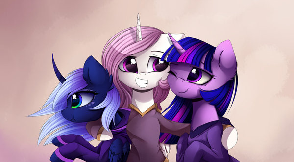 Princesses' gang My Little Pony, Princess Celestia, Princess Luna, Twilight sparkle, Magnaluna
