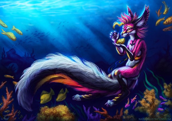 treasure of the ocean - Naira, Furry, Tail, Sea, Under the water, A fish, Art