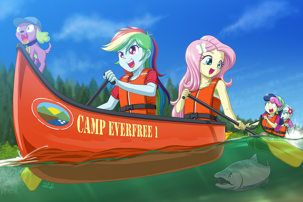 На каноэ по реке - My Little Pony, Equestria Girls, Spike, Rainbow Dash, Fluttershy, Bon Bon, Lyra Heartstrings, Uotapo