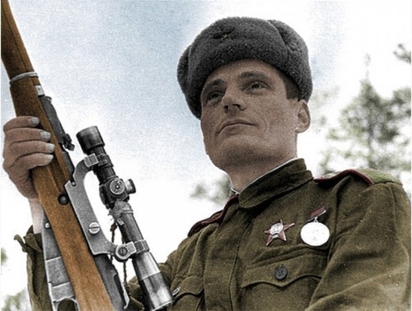 Soviet sniper ace Vladimir Pchelintsev killed 156 Nazis using 157 bullets. - Heroes, The Great Patriotic War