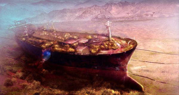 Oasis - My, Tanker, Post apocalypse, Matte painting, Digital drawing, Ship, Desert, Atmospheric, Creation