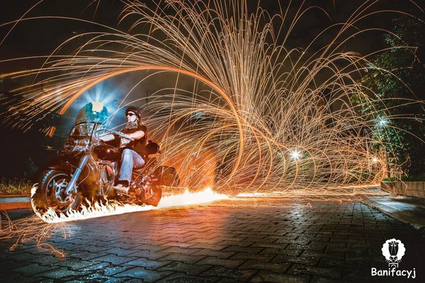 Ghost Rider in Grodno - My, Republic of Belarus, Grodno, Night, Moto, Poi, Fire