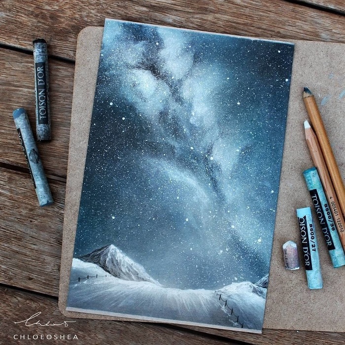 Artist Chloe O'Shea - Art, Painting, Drawing, Artist, Winter, Night, Starry sky, 