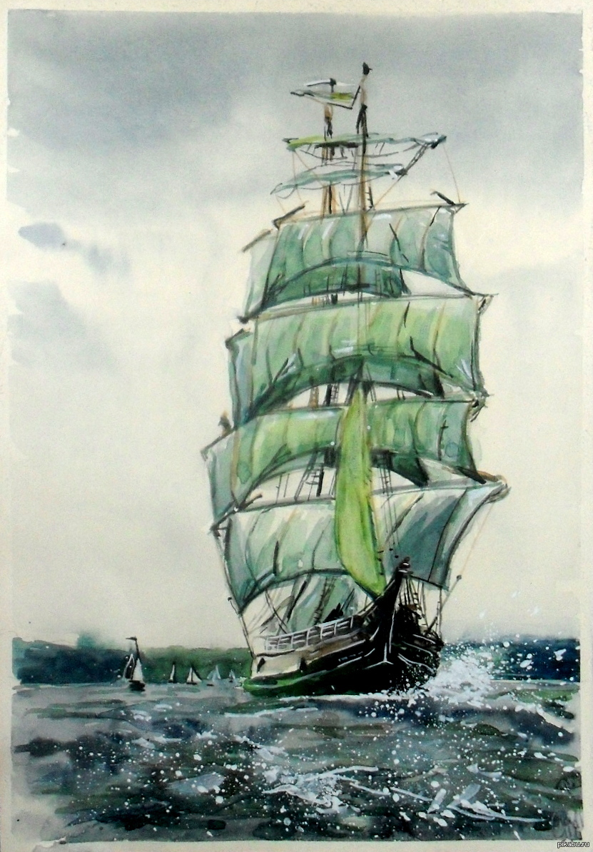 Sea... - My, Creation, Painting, Drawing, Watercolor, Sea, Ship