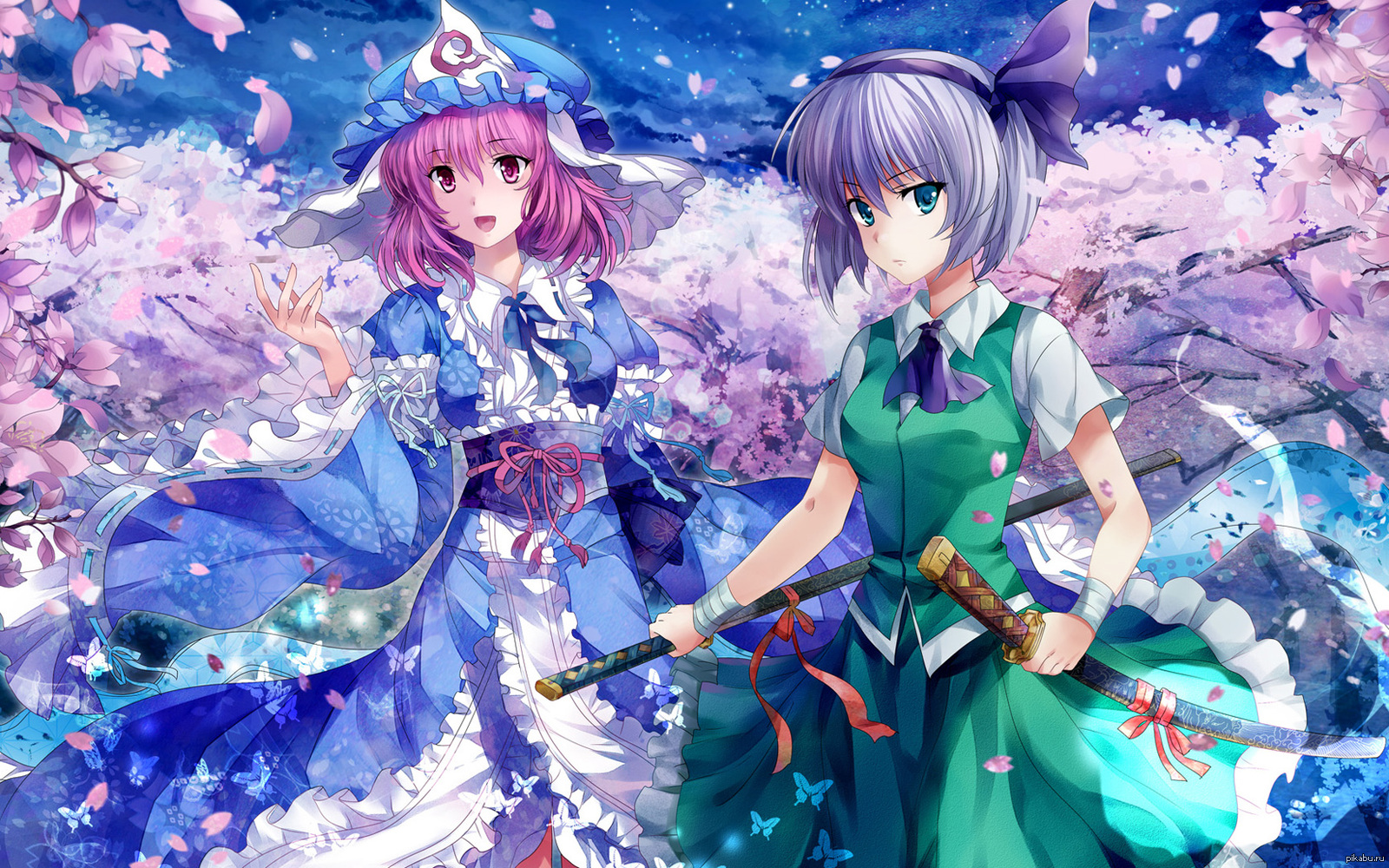 Touhou wallpaper. Ёму Конпаку и Ююко Сайгёдзи. Yuyuko saigyouji. Ююко Сайгёдзи и ему Конпаку. Youmu konpaku yuyuko saigyouji.