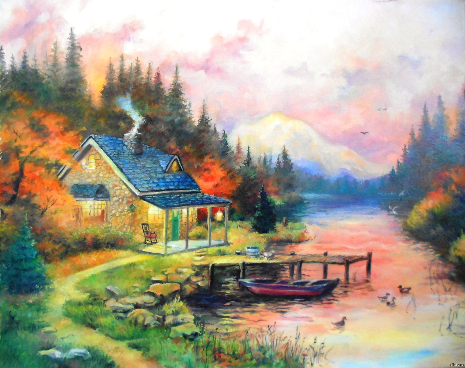 Река домов картина. Пейзаж с домиком. Пейзаж с домиком акварелью. Домик в лесу акварель. Пейзаж с домом живопись.