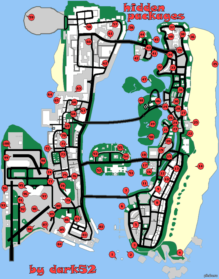 Карта гта вайс сити. ГТА Вайс Сити пакеты 100. Карта секретных пакетов GTA vice City. Карта скрытых пакетов в GTA vice City. ГТА 3 Вайс Сити карта.