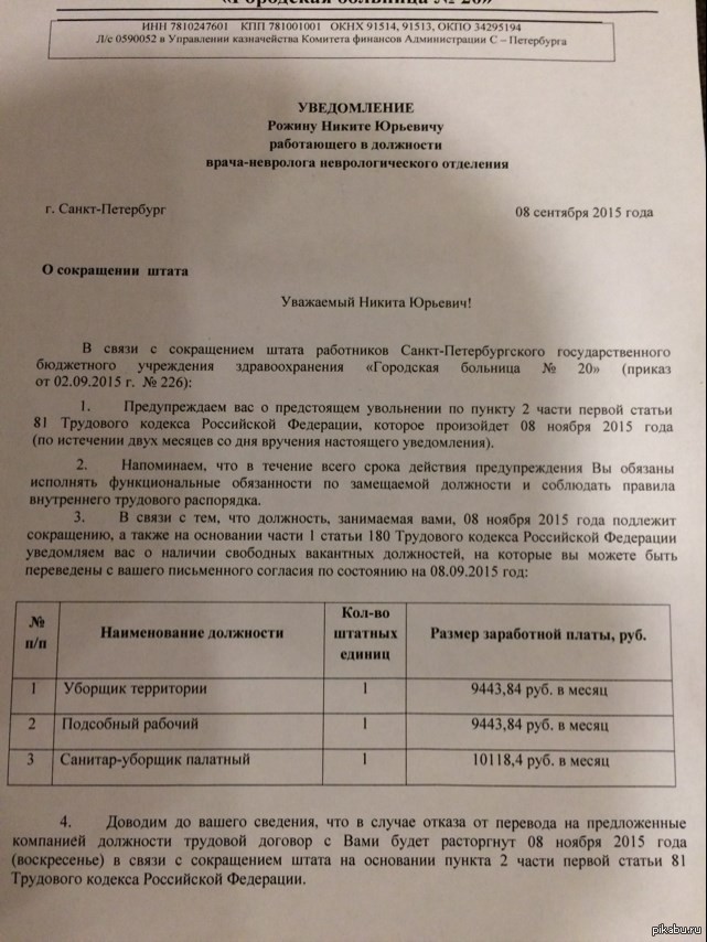 Уведомление о предложении вакантной должности образец