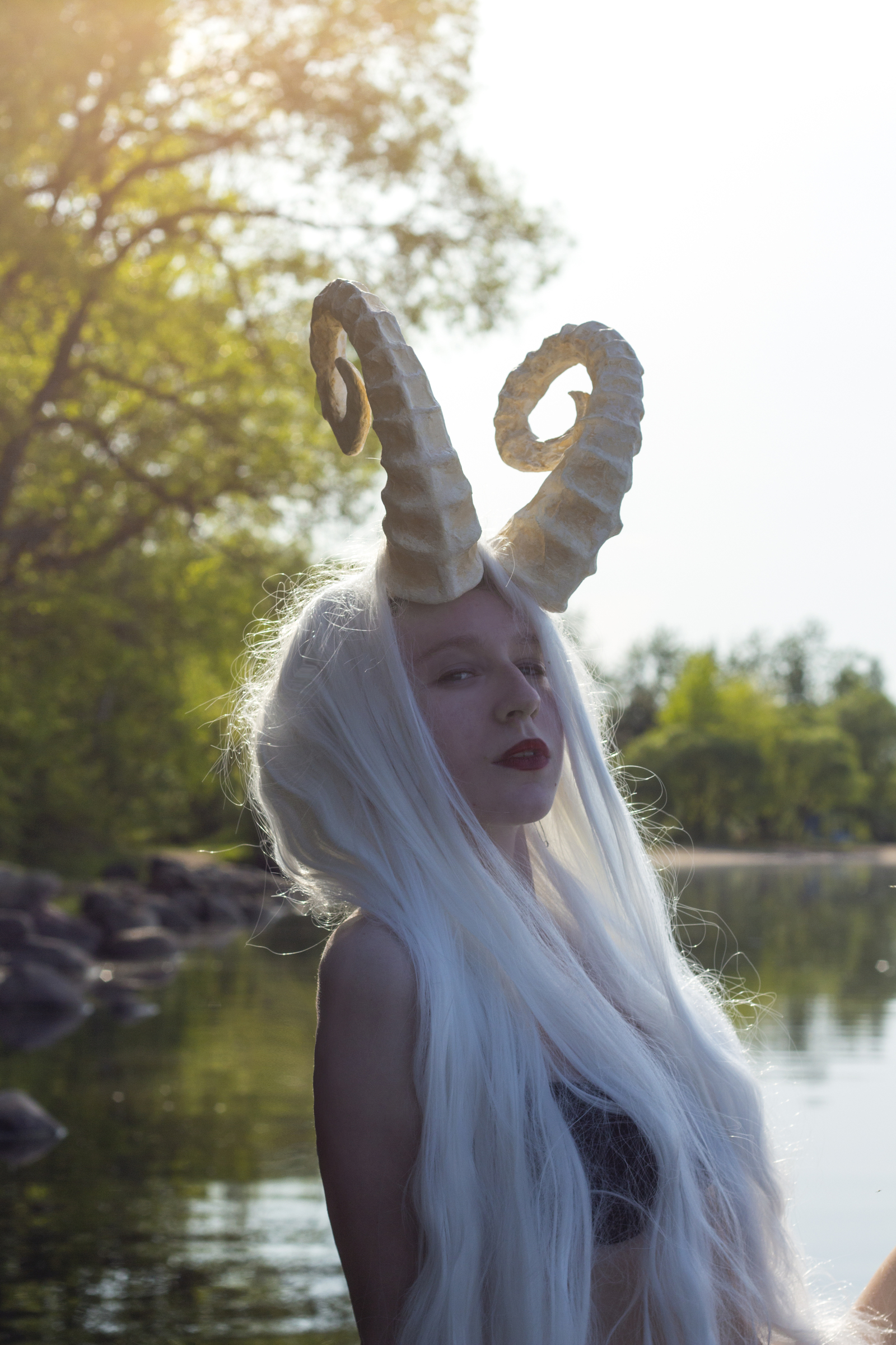 Somewhere in the forest. - NSFW, My, Demoness, Horns, Wig, Girls, Water, Longpost