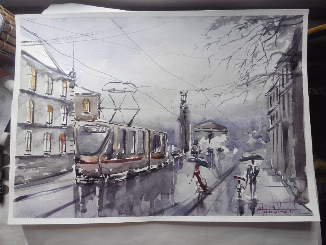 tram) - My, Creation, Watercolor, Artist, Painting, Art, Tram, Rain, Painting