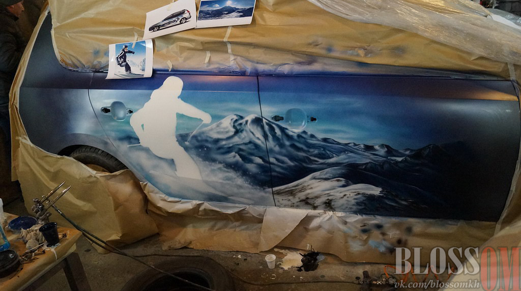 Conquering the snow - My, Airbrushing, Car, Skis, Skiers, Elbrus, Painting, Art, Airbrush, Longpost