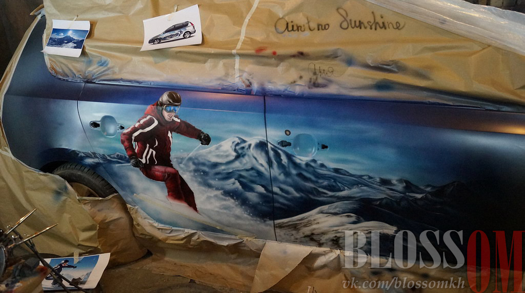 Conquering the snow - My, Airbrushing, Car, Skis, Skiers, Elbrus, Painting, Art, Airbrush, Longpost