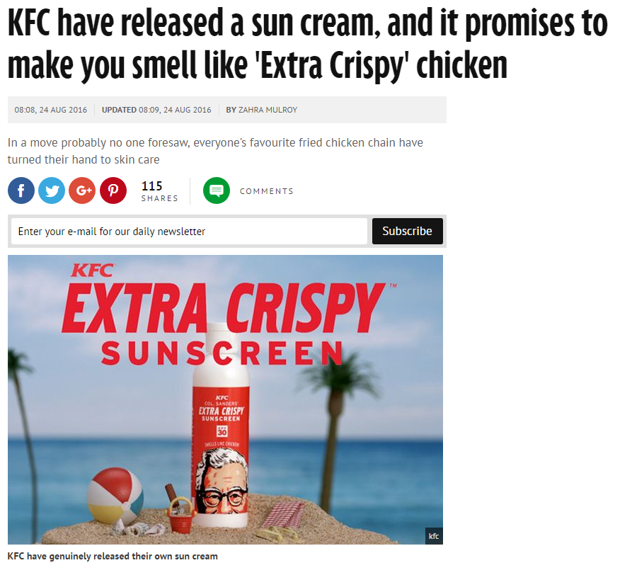 KFC has released a sunscreen that will make you smell like fried chicken. - Joy, news, Fast food