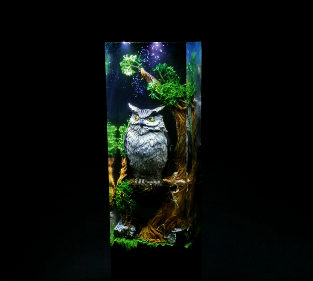 Another bird scene - My, Owl, Owl, Handmade, Polymer clay, Longpost, Epoxy resin, Needlework without process, Night light