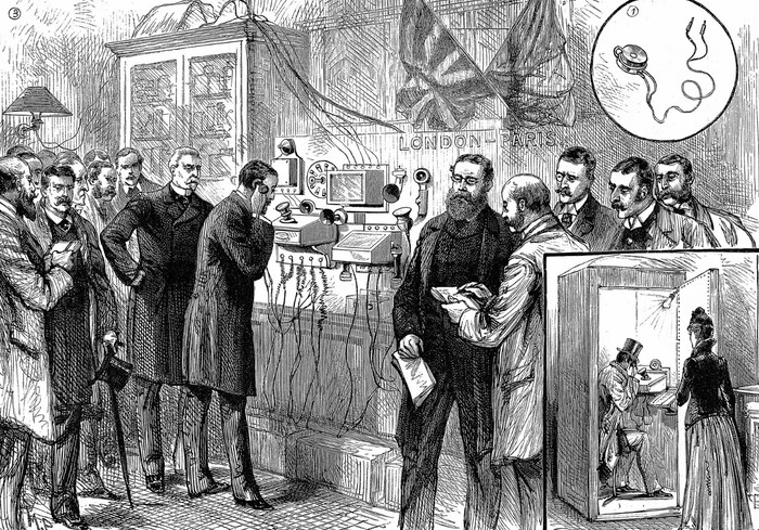 Торжественный запуск линии Лондон — Париж в 1891 году. Пока в США телефоны опутывали целые города, британское министерство почт устраивало из каждого редкого междугороднего провода пафосное светское шоу для элиты.