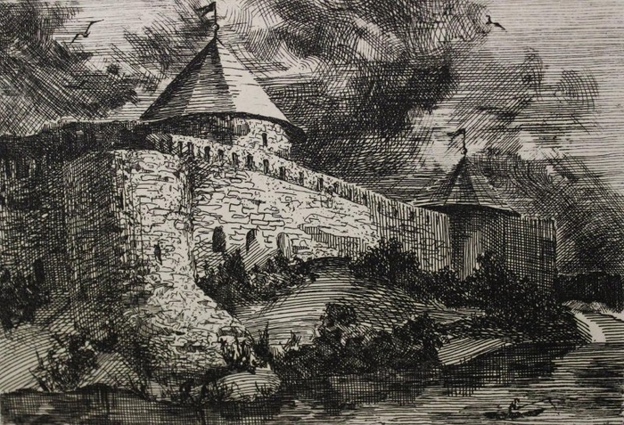 Елена Ярош. На Ивангородской стороне. Бумага, офорт. 1996 г. Сосновоборский художественный музей современного искусства