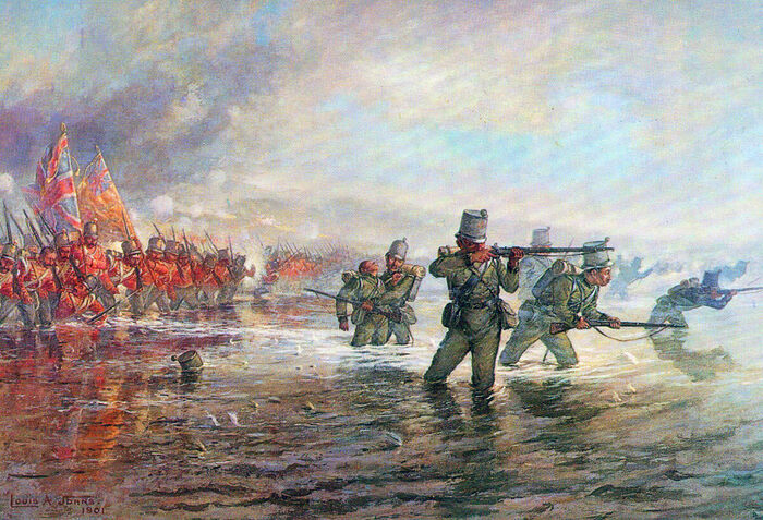 Louis Johns, �2nd Rifle Brigade leading the Light Division across the river at the Battle of the Alma on 20th September 1854 during the Crimean War�, 1901 �.