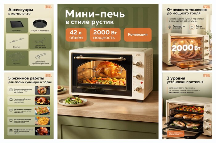 Многофункциональная мини-печь электрическая GFGRIL GFO-42-beige, 42л, 2000 Вт