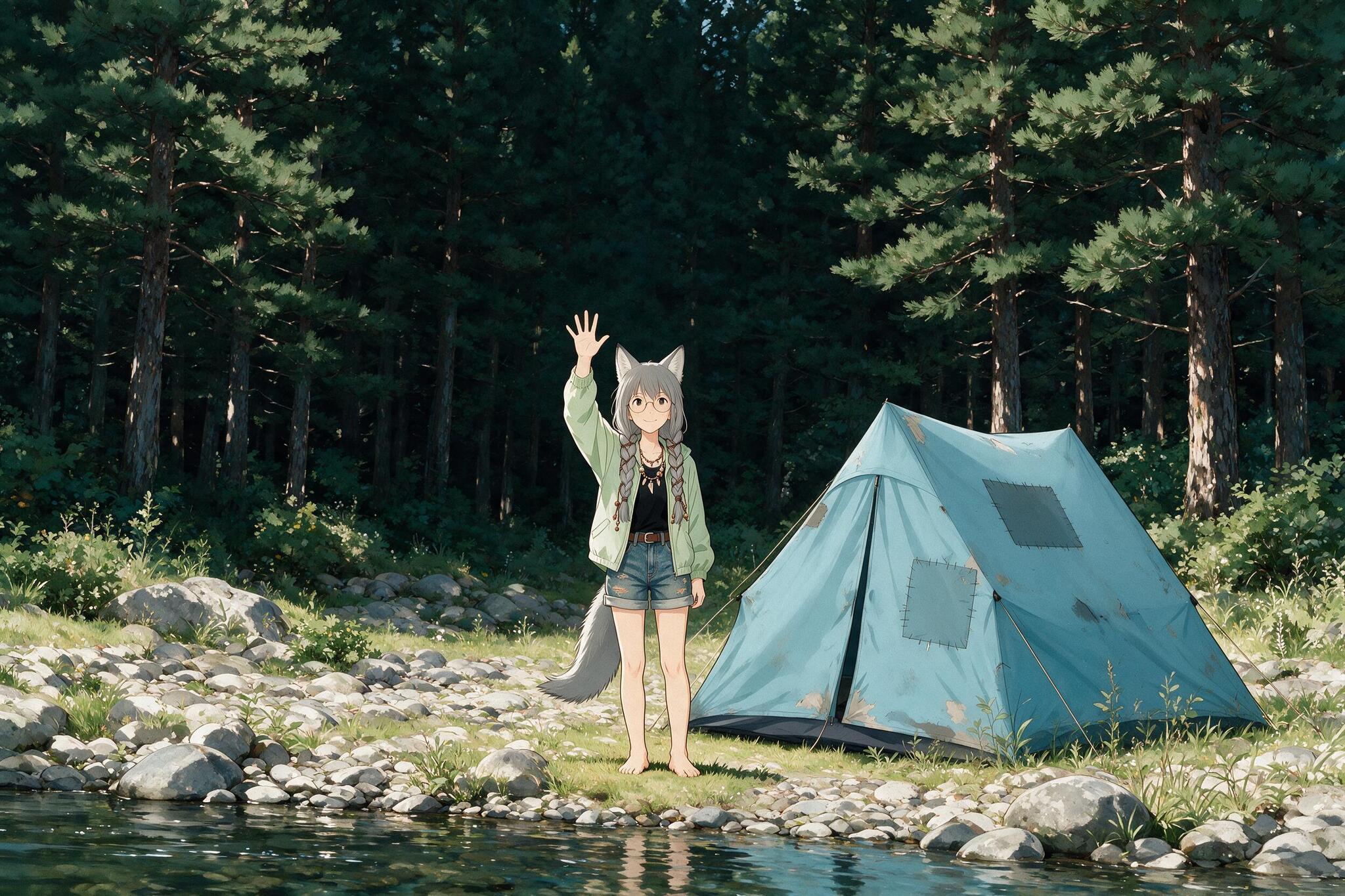 Helga and the Big Water - Anime art, Longpost, My, Art, Anime, Girls, Autumn, Hike, Animal ears, Tail, Kitsune, The mountains, Flood, Original character, Neural network art, River, Ginger & White, Neural Network Content, Series Ginger and Winter